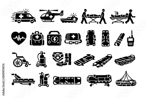 Emergency medical icons: transport, equipment, and team silhouettes