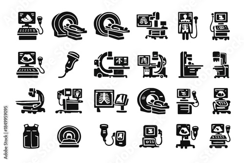 Medical imaging equipment icons collection: mri, ultrasound, x-ray, ct scan symbols
