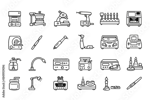 Dental equipment icons set including drills, scalers, autoclaves, microscopes, and sterilization tools