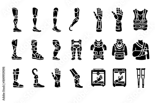 Collection of prosthetic limbs and support equipment icons in various designs