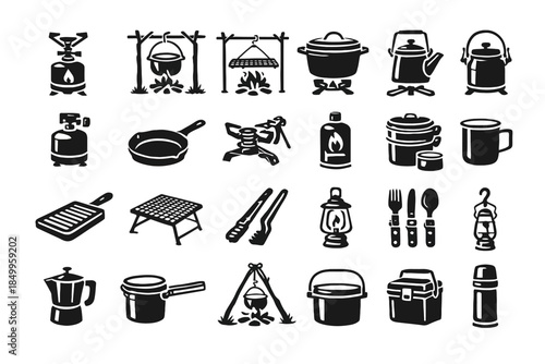 Collection of camping and cooking equipment icons in black silhouette style