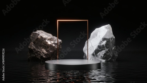 Luxury Product Display Podium with Gold Frame and Natural Rocks on Reflective Dark Surface