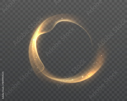A circular golden ring of light with a soft glow and subtle particles, like an energy portal or a light frame. Suitable for overlays in design and illustrations. Vector.