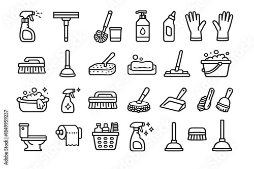 Set of cleaning tools and supplies icons in black and white illustration