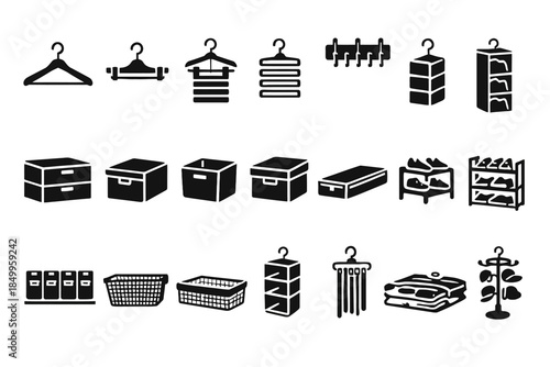 Various closet organization items: hangers, storage boxes, shoe racks, and shelving units