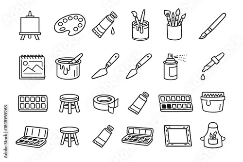 Art supplies collection: easel, paintbrushes, palette, canvas, tube