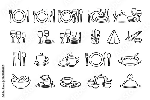 Set of dining utensils and tableware outlines for elegant meal settings