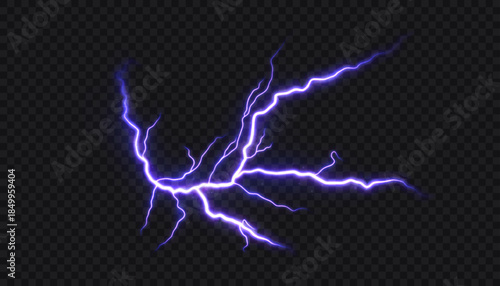 Purple electric lightning bolt dramatically discharging across a transparent background, representing immense power, dynamic energy, and intense force