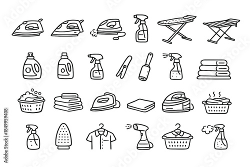 Hand-drawn household laundry icons collection: irons, detergent, spray bottles, baskets, ironing boards