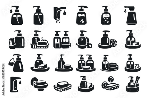 Collection of soap and dispenser icons in various designs