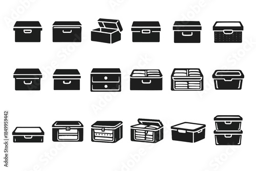 Collection of black and white storage box icons in various shapes and styles