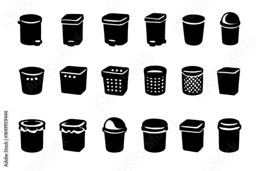 Variety of black silhouetted trash and recycling bins