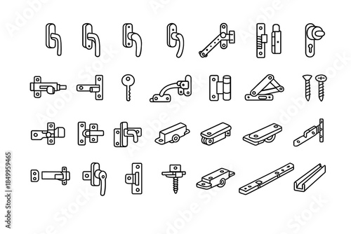 Variety of door lock and handle mechanisms illustrated in simple line art