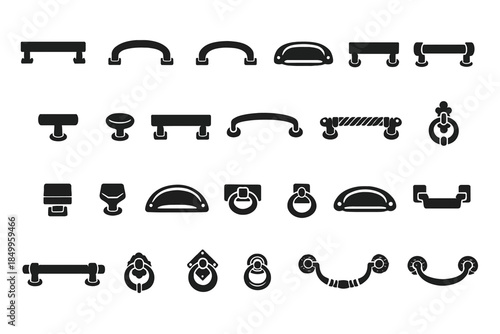 Variety of cabinet handles and knobs collection in black silhouettes