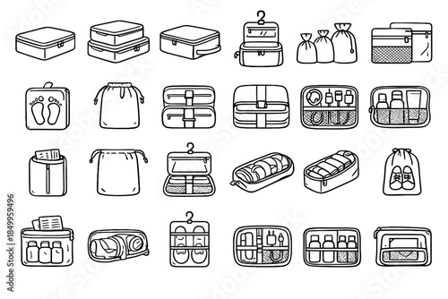 Collection of various travel packing organizers and storage bags