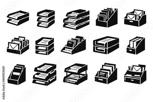 Set of black and white office organizers and document trays in various styles