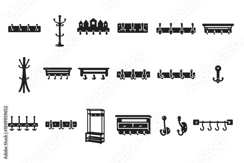 Collection of various vintage black coat hooks and stands designs