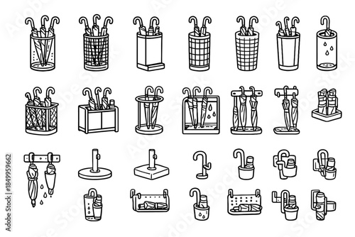 Hand-drawn collection of unique umbrella stand designs in various styles
