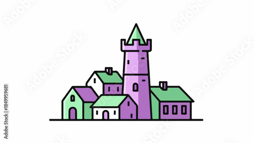A quaint cluster of charming, colorful buildings forming a small, idyllic village with a prominent tower, perfect for representing community or historical settings