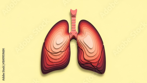 World Lung Day (WLD) Paper-cut style illustration of human lungs in layered shades of red, highlighting the intricate structure of the respiratory system on a plain yellow background
