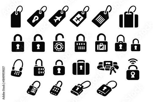Travel security icon set featuring locks, tags, and luggage symbols