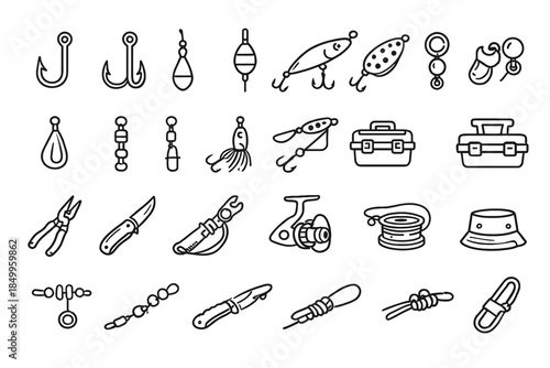 Collection of fishing equipment icons featuring hooks, lures, and tools