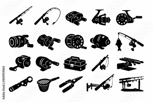 Assorted fishing equipment silhouettes: rods, reels, tackle box, and tools