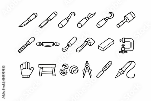 Set of various woodworking tools icons in line art style