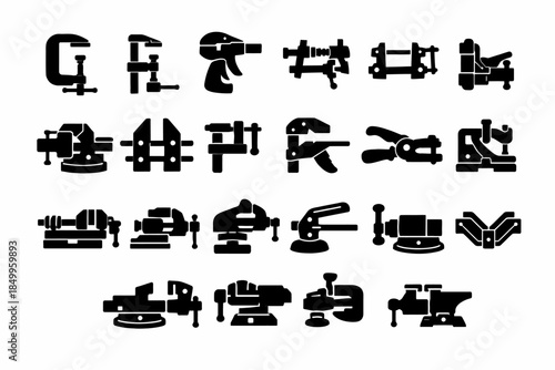 Silhouette set of various clamps and vices for industrial and workshop use