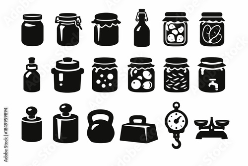 Collection of kitchen jars and weights with vintage scale and timer icons