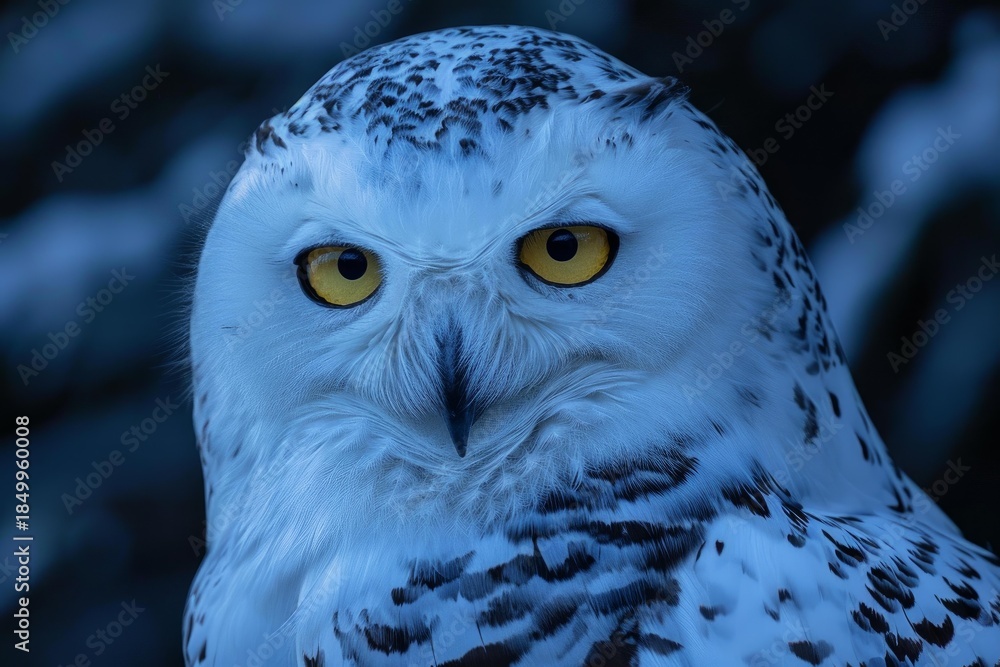 Obraz premium Close up of a snowy owl showing its intense yellow eyes and detailed plumage in a twilight setting
