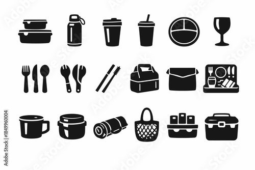 Silhouette icons of containers and cutlery: eco-friendly lifestyle essentials