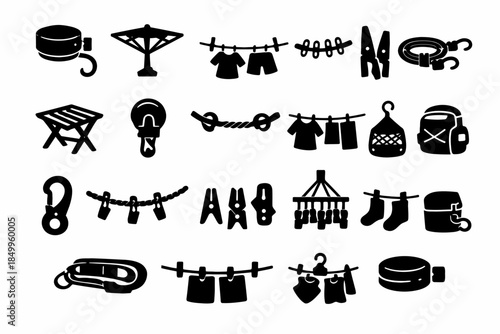 Silhouette icons of laundry items and clotheslines for household chores