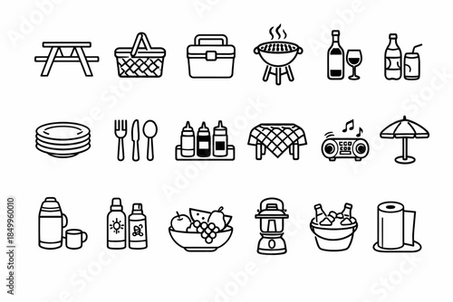 Picnic essentials: basket, grill, utensils, drinks, music, and more