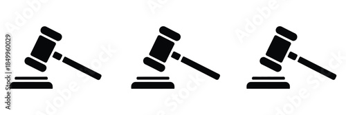 Gavel icons illustrating judge gavels in multiple styles, designed with flat and outlined hammer symbols for courtroom justice, legal authority, law decisions
