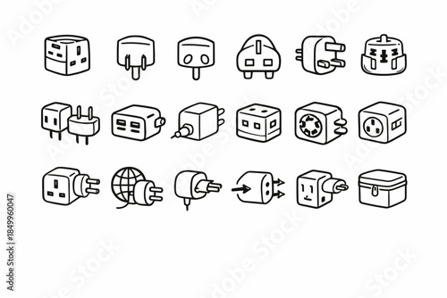 Various international electrical plug and socket adapter icons collection