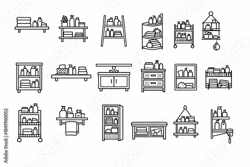 Various bathroom storage styles: shelves, cabinets, and organizers in minimalist line art