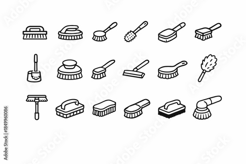 Collection of diverse cleaning brushes: icons of various shapes and functions
