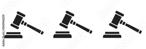 Gavel icons  judge gavels in multiple styles, featuring flat and outlined hammer symbols for legal decisions, courtroom justice themes, law authority visuals, and isolated 