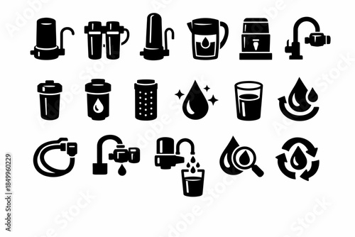 Water filtration icons: purification systems and clean water symbols collection