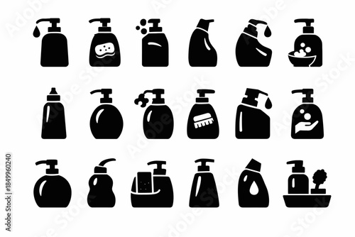 Silhouette collection of soap dispensers and handwashing icons