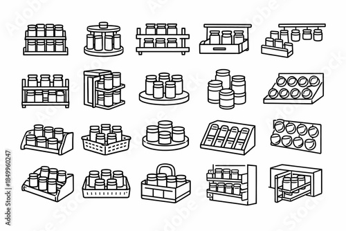 Collection of sketched bottle and jar rack designs for storage solutions