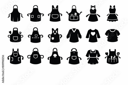 Collection of 18 black apron icons featuring various styles and designs for kitchen and cooking