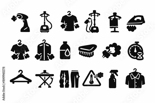 Laundry and ironing icons set: steamers, hangers, detergents, and clothing symbols