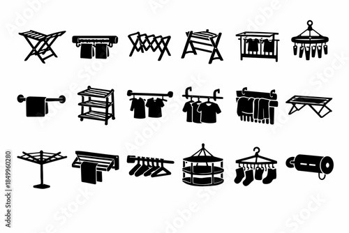 Collection of black and white laundry icons featuring clothing racks and hangers