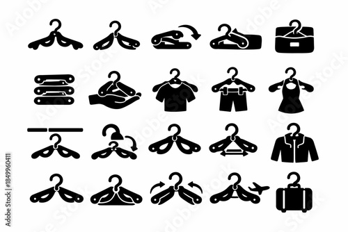 Black icons of hangers for clothing and travel organization