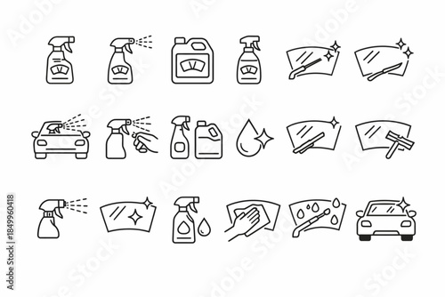 Car cleaning icon set: detailing, spray, fluid, wiper, vehicle illustrations