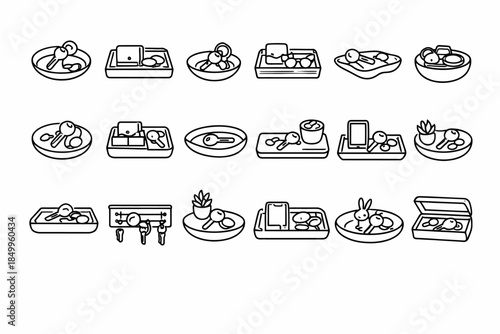 Collection of minimalist icon designs featuring everyday objects and keys