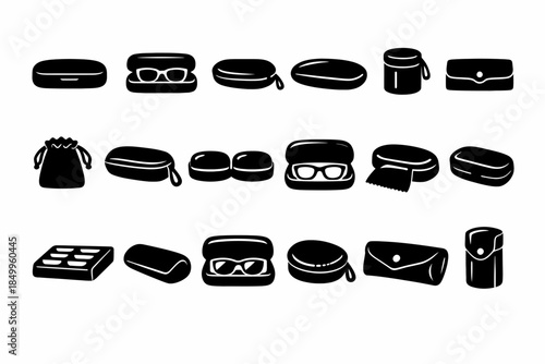 Diverse eyewear cases and accessories collection in black and white