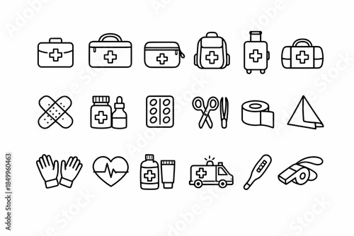 First aid kit essentials: medical supplies, tools, and emergency equipment icons